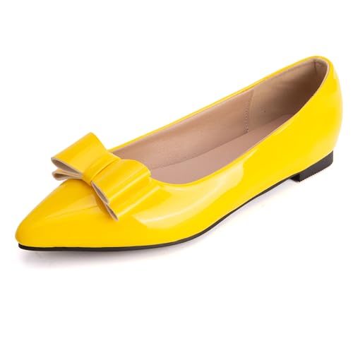 MJIASIAWA Lack Flach Damen Pointed Toe Arbeit Walking Dolly Schuhe Ohne Verschluss Driving Ballerina Ballet Bogen Flach Schuhe Leisure Gelb Gr 41 EU/43 Asiatisch von MJIASIAWA