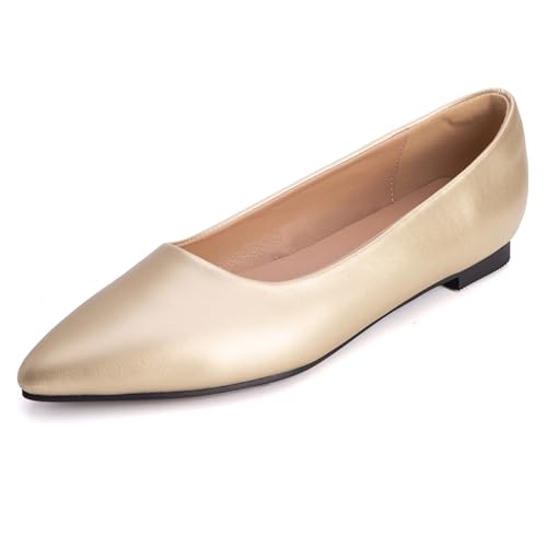 MJIASIAWA Lack Flach Damen Pointed Toe Arbeit Walking Dolly Schuhe Ohne Verschluss Driving Ballerina Ballet Bogen Flach Schuhe Leisure Gold Gr 32 EU von MJIASIAWA
