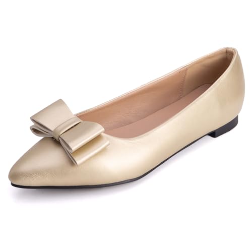 MJIASIAWA Lack Flach Damen Pointed Toe Arbeit Walking Dolly Schuhe Ohne Verschluss Driving Ballerina Ballet Bogen Flach Schuhe Leisure Gold Gr 47 EU/49 Asiatisch von MJIASIAWA