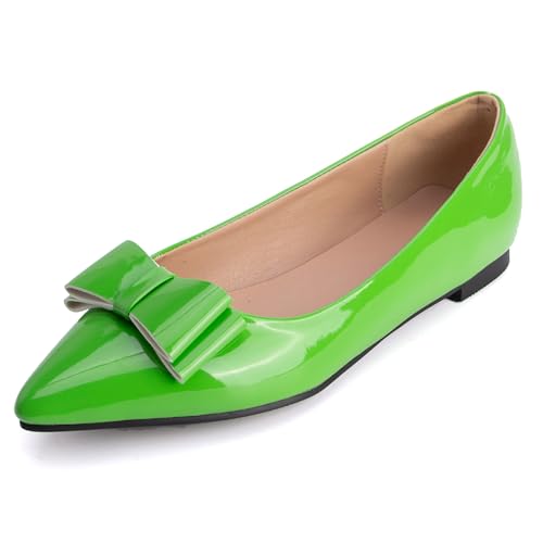 MJIASIAWA Lack Flach Damen Pointed Toe Arbeit Walking Dolly Schuhe Ohne Verschluss Driving Ballerina Ballet Bogen Flach Schuhe Leisure Grün Gr 40 EU/41 Asiatisch von MJIASIAWA