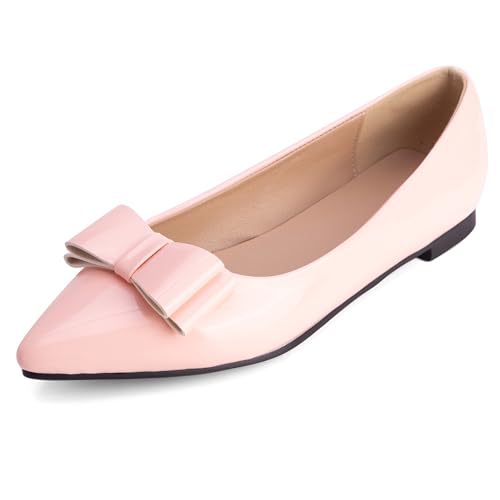 MJIASIAWA Lack Flach Damen Pointed Toe Arbeit Walking Dolly Schuhe Ohne Verschluss Driving Ballerina Ballet Bogen Flach Schuhe Leisure Pink Gr 49 EU/51 Asiatisch von MJIASIAWA