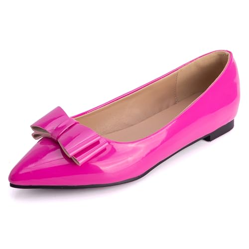 MJIASIAWA Lack Flach Damen Pointed Toe Arbeit Walking Dolly Schuhe Ohne Verschluss Driving Ballerina Ballet Bogen Flach Schuhe Leisure Rose-Rot Gr 34 EU von MJIASIAWA