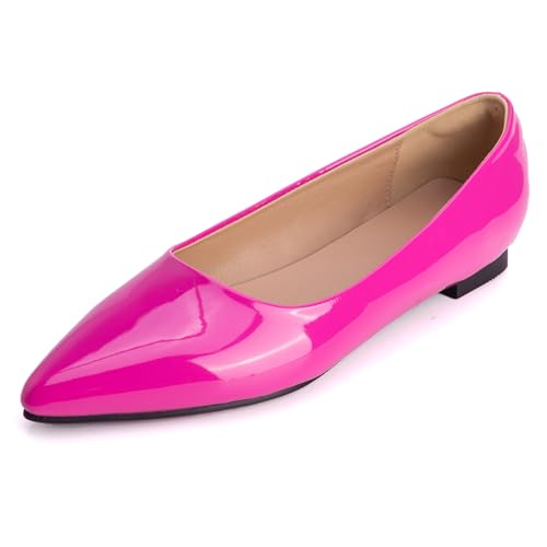 MJIASIAWA Lack Flach Damen Pointed Toe Arbeit Walking Dolly Schuhe Ohne Verschluss Driving Ballerina Ballet Bogen Flach Schuhe Leisure Rose-Rot Gr 41 EU/43 Asiatisch von MJIASIAWA