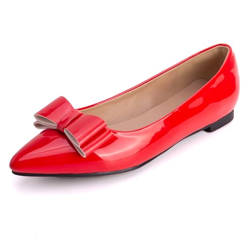 MJIASIAWA Lack Flach Damen Pointed Toe Arbeit Walking Dolly Schuhe Ohne Verschluss Driving Ballerina Ballet Bogen Flach Schuhe Leisure Rot Gr 34 EU von MJIASIAWA