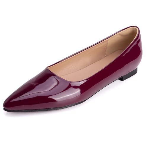 MJIASIAWA Lack Flach Damen Pointed Toe Arbeit Walking Dolly Schuhe Ohne Verschluss Driving Ballerina Ballet Bogen Flach Schuhe Leisure Rotwein Gr 41 EU/43 Asiatisch von MJIASIAWA