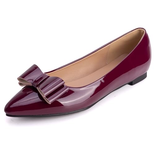 MJIASIAWA Lack Flach Damen Pointed Toe Arbeit Walking Dolly Schuhe Ohne Verschluss Driving Ballerina Ballet Bogen Flach Schuhe Leisure Rotwein Gr 52 EU/54 Asiatisch von MJIASIAWA