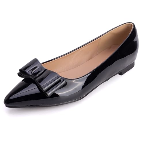 MJIASIAWA Lack Flach Damen Pointed Toe Arbeit Walking Dolly Schuhe Ohne Verschluss Driving Ballerina Ballet Bogen Flach Schuhe Leisure Schwarz Gr 32 EU von MJIASIAWA
