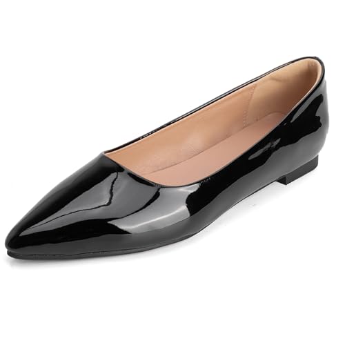 MJIASIAWA Lack Flach Damen Pointed Toe Arbeit Walking Dolly Schuhe Ohne Verschluss Driving Ballerina Ballet Bogen Flach Schuhe Leisure Schwarz Gr 52 EU/54 Asiatisch von MJIASIAWA
