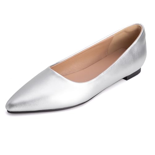 MJIASIAWA Lack Flach Damen Pointed Toe Arbeit Walking Dolly Schuhe Ohne Verschluss Driving Ballerina Ballet Bogen Flach Schuhe Leisure Silber Gr 39 EU/40 Asiatisch von MJIASIAWA