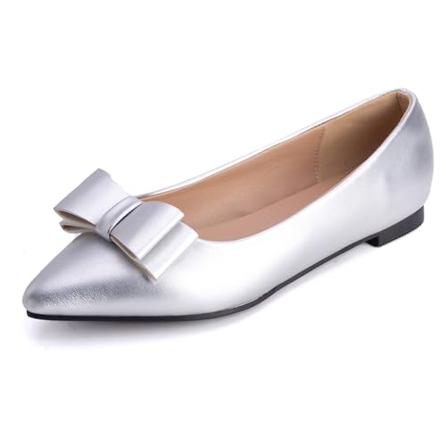 MJIASIAWA Lack Flach Damen Pointed Toe Arbeit Walking Dolly Schuhe Ohne Verschluss Driving Ballerina Ballet Bogen Flach Schuhe Leisure Silber Gr 42 EU/44 Asiatisch von MJIASIAWA