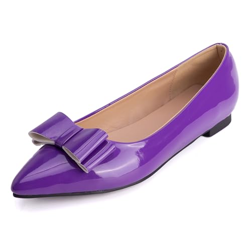 MJIASIAWA Lack Flach Damen Pointed Toe Arbeit Walking Dolly Schuhe Ohne Verschluss Driving Ballerina Ballet Bogen Flach Schuhe Leisure Violett Gr 32 EU von MJIASIAWA