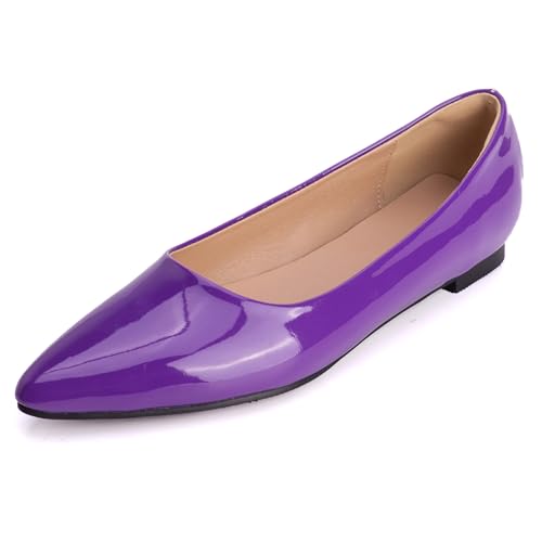 MJIASIAWA Lack Flach Damen Pointed Toe Arbeit Walking Dolly Schuhe Ohne Verschluss Driving Ballerina Ballet Bogen Flach Schuhe Leisure Violett Gr 36 EU von MJIASIAWA