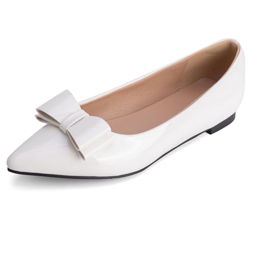 MJIASIAWA Lack Flach Damen Pointed Toe Arbeit Walking Dolly Schuhe Ohne Verschluss Driving Ballerina Ballet Bogen Flach Schuhe Leisure Weiß Gr 35 EU von MJIASIAWA