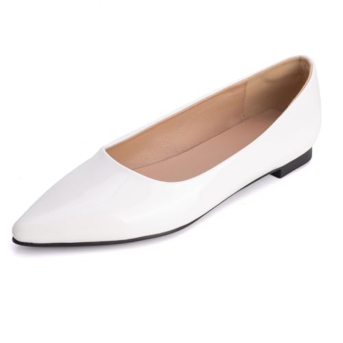 MJIASIAWA Lack Flach Damen Pointed Toe Arbeit Walking Dolly Schuhe Ohne Verschluss Driving Ballerina Ballet Bogen Flach Schuhe Leisure Weiß Gr 45 EU/47 Asiatisch von MJIASIAWA
