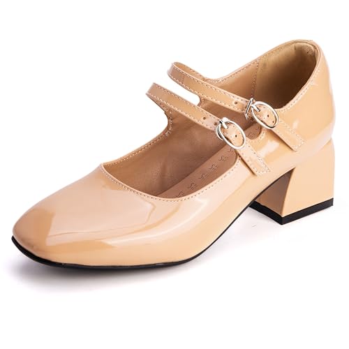 MJIASIAWA Lack Mary Jane Blockabsatz Damen Knöchelriemchen Pumps Hochzeit Square Toe Mädchen Party Schuhe Aprikose Gr 40 EU/41 Asiatisch von MJIASIAWA