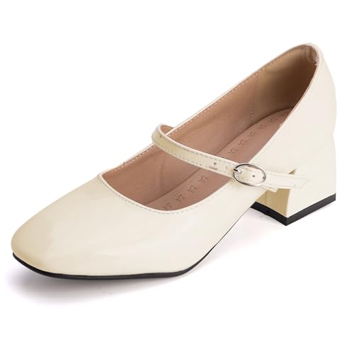 MJIASIAWA Lack Mary Jane Blockabsatz Damen Knöchelriemchen Pumps Hochzeit Square Toe Mädchen Party Schuhe Beige Gr 37 EU/38 Asiatisch von MJIASIAWA
