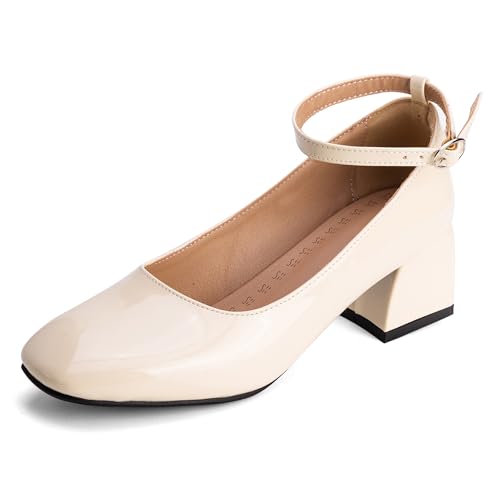 MJIASIAWA Lack Mary Jane Blockabsatz Damen Knöchelriemchen Pumps Hochzeit Square Toe Mädchen Party Schuhe Beige Gr 39 EU/40 Asiatisch von MJIASIAWA