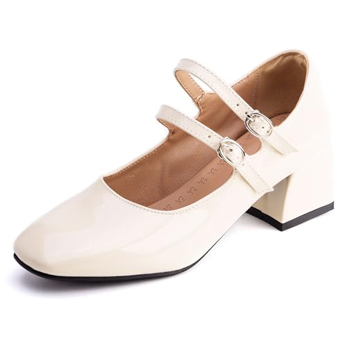 MJIASIAWA Lack Mary Jane Blockabsatz Damen Knöchelriemchen Pumps Hochzeit Square Toe Mädchen Party Schuhe Beige Gr 52 EU/54 Asiatisch von MJIASIAWA