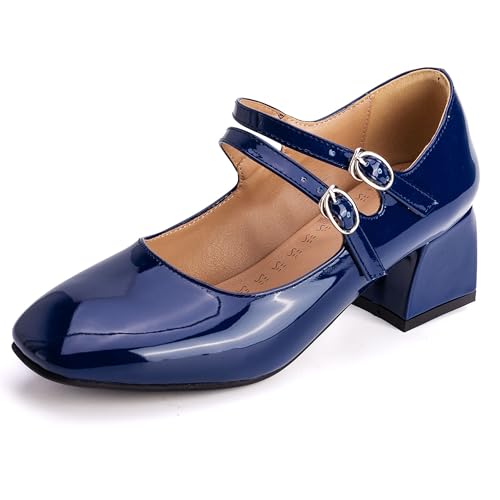 MJIASIAWA Lack Mary Jane Blockabsatz Damen Knöchelriemchen Pumps Hochzeit Square Toe Mädchen Party Schuhe Dark-Blau Gr 32 EU von MJIASIAWA