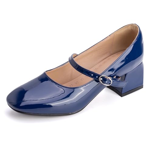 MJIASIAWA Lack Mary Jane Blockabsatz Damen Knöchelriemchen Pumps Hochzeit Square Toe Mädchen Party Schuhe Dark-Blau Gr 34 EU von MJIASIAWA