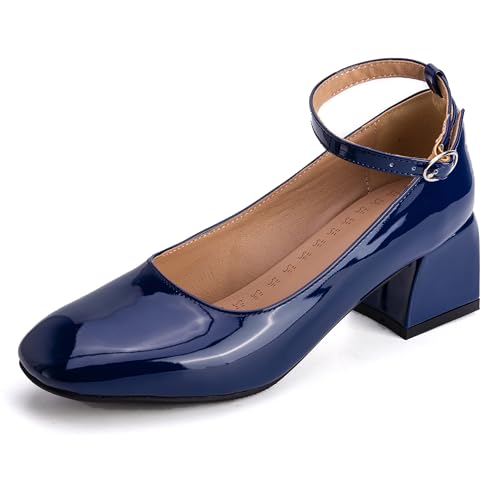 MJIASIAWA Lack Mary Jane Blockabsatz Damen Knöchelriemchen Pumps Hochzeit Square Toe Mädchen Party Schuhe Dark-Blau Gr 51 EU/53 Asiatisch von MJIASIAWA