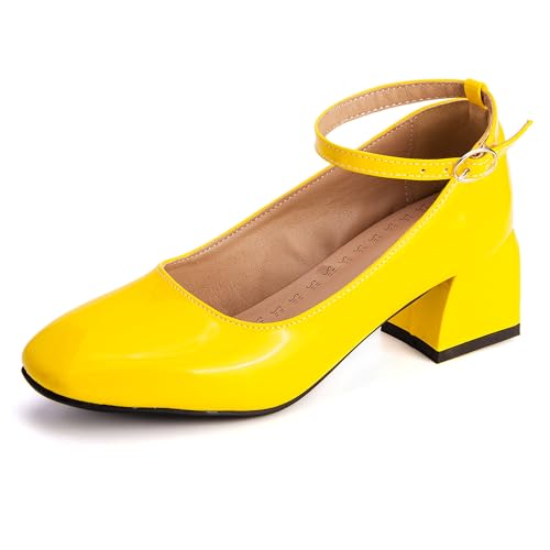 MJIASIAWA Lack Mary Jane Blockabsatz Damen Knöchelriemchen Pumps Hochzeit Square Toe Mädchen Party Schuhe Gelb Gr 32 EU von MJIASIAWA