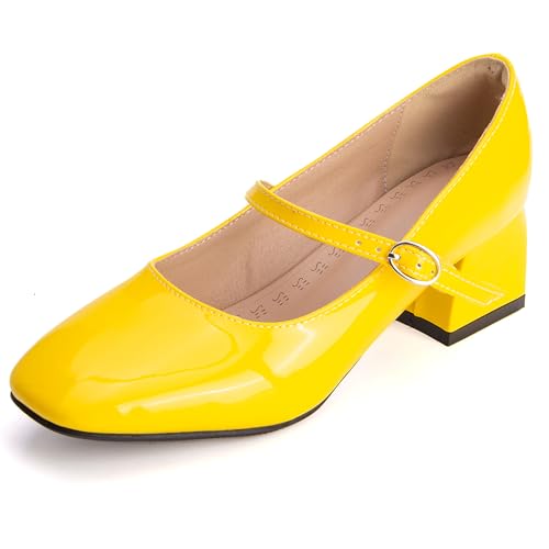 MJIASIAWA Lack Mary Jane Blockabsatz Damen Knöchelriemchen Pumps Hochzeit Square Toe Mädchen Party Schuhe Gelb Gr 36.5 EU/37 Asiatisch von MJIASIAWA