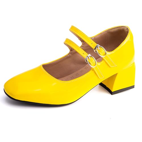 MJIASIAWA Lack Mary Jane Blockabsatz Damen Knöchelriemchen Pumps Hochzeit Square Toe Mädchen Party Schuhe Gelb Gr 44 EU/46 Asiatisch von MJIASIAWA