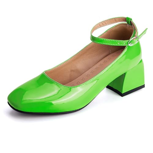 MJIASIAWA Lack Mary Jane Blockabsatz Damen Knöchelriemchen Pumps Hochzeit Square Toe Mädchen Party Schuhe Grün Gr 35 EU von MJIASIAWA