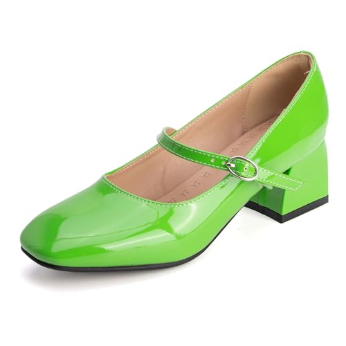 MJIASIAWA Lack Mary Jane Blockabsatz Damen Knöchelriemchen Pumps Hochzeit Square Toe Mädchen Party Schuhe Grün Gr 40.5 EU/42 Asiatisch von MJIASIAWA