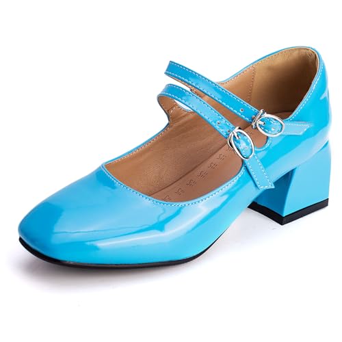 MJIASIAWA Lack Mary Jane Blockabsatz Damen Knöchelriemchen Pumps Hochzeit Square Toe Mädchen Party Schuhe Light-Blau Gr 33 EU von MJIASIAWA