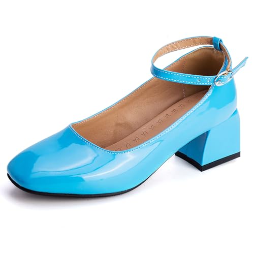 MJIASIAWA Lack Mary Jane Blockabsatz Damen Knöchelriemchen Pumps Hochzeit Square Toe Mädchen Party Schuhe Light-Blau Gr 40 EU/41 Asiatisch von MJIASIAWA