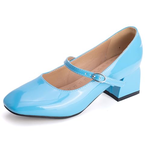 MJIASIAWA Lack Mary Jane Blockabsatz Damen Knöchelriemchen Pumps Hochzeit Square Toe Mädchen Party Schuhe Light-Blau Gr 49 EU/51 Asiatisch von MJIASIAWA