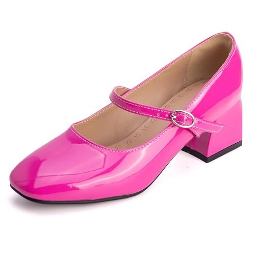 MJIASIAWA Lack Mary Jane Blockabsatz Damen Knöchelriemchen Pumps Hochzeit Square Toe Mädchen Party Schuhe Rose-Rot Gr 32 EU von MJIASIAWA