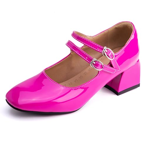 MJIASIAWA Lack Mary Jane Blockabsatz Damen Knöchelriemchen Pumps Hochzeit Square Toe Mädchen Party Schuhe Rose-Rot Gr 36 EU von MJIASIAWA