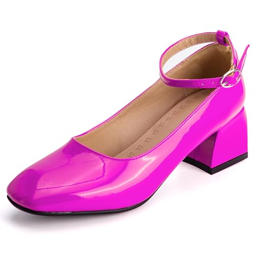 MJIASIAWA Lack Mary Jane Blockabsatz Damen Knöchelriemchen Pumps Hochzeit Square Toe Mädchen Party Schuhe Rose-Rot Gr 39 EU/40 Asiatisch von MJIASIAWA