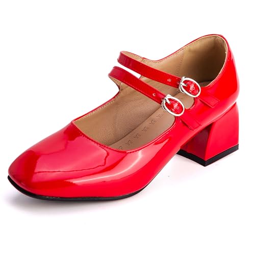 MJIASIAWA Lack Mary Jane Blockabsatz Damen Knöchelriemchen Pumps Hochzeit Square Toe Mädchen Party Schuhe Rot Gr 37 EU/38 Asiatisch von MJIASIAWA