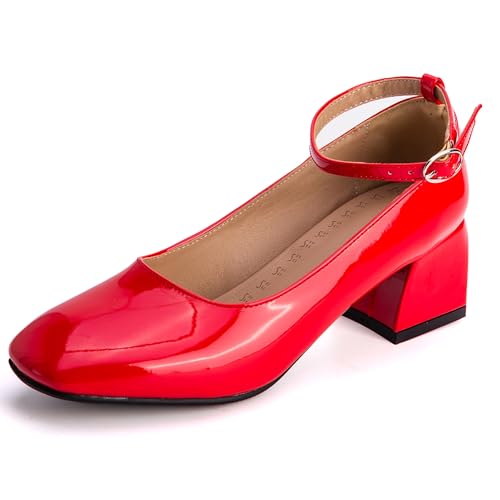 MJIASIAWA Lack Mary Jane Blockabsatz Damen Knöchelriemchen Pumps Hochzeit Square Toe Mädchen Party Schuhe Rot Gr 44 EU/46 Asiatisch von MJIASIAWA