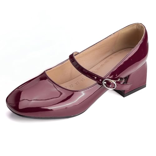 MJIASIAWA Lack Mary Jane Blockabsatz Damen Knöchelriemchen Pumps Hochzeit Square Toe Mädchen Party Schuhe Rotwein Gr 38 EU/39 Asiatisch von MJIASIAWA