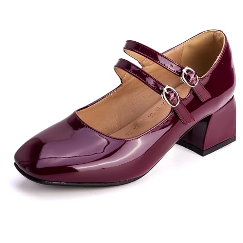 MJIASIAWA Lack Mary Jane Blockabsatz Damen Knöchelriemchen Pumps Hochzeit Square Toe Mädchen Party Schuhe Rotwein Gr 43 EU/45 Asiatisch von MJIASIAWA