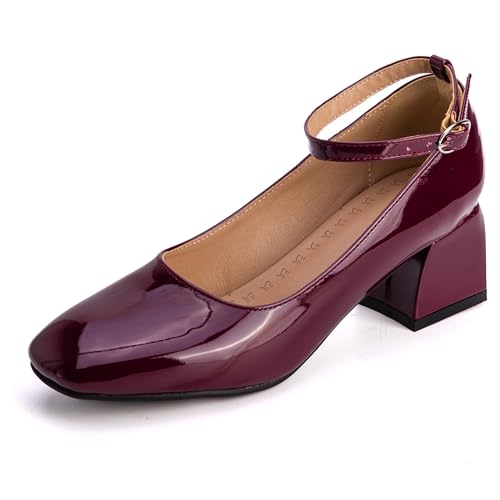 MJIASIAWA Lack Mary Jane Blockabsatz Damen Knöchelriemchen Pumps Hochzeit Square Toe Mädchen Party Schuhe Rotwein Gr 46 EU/48 Asiatisch von MJIASIAWA