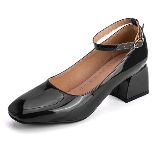 MJIASIAWA Lack Mary Jane Blockabsatz Damen Knöchelriemchen Pumps Hochzeit Square Toe Mädchen Party Schuhe Schwarz Gr 40 EU/41 Asiatisch von MJIASIAWA