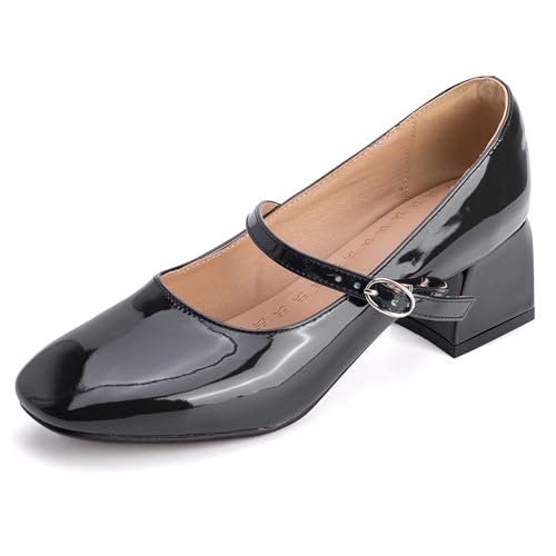 MJIASIAWA Lack Mary Jane Blockabsatz Damen Knöchelriemchen Pumps Hochzeit Square Toe Mädchen Party Schuhe Schwarz Gr 48 EU/50 Asiatisch von MJIASIAWA