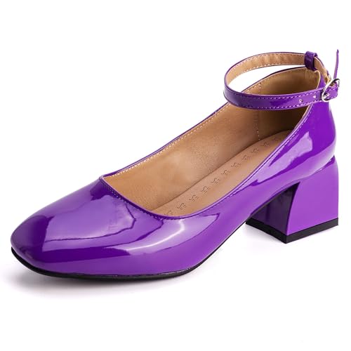 MJIASIAWA Lack Mary Jane Blockabsatz Damen Knöchelriemchen Pumps Hochzeit Square Toe Mädchen Party Schuhe Violett Gr 40.5 EU/42 Asiatisch von MJIASIAWA