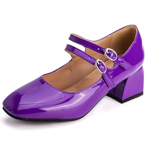 MJIASIAWA Lack Mary Jane Blockabsatz Damen Knöchelriemchen Pumps Hochzeit Square Toe Mädchen Party Schuhe Violett Gr 43 EU/45 Asiatisch von MJIASIAWA