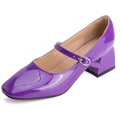 MJIASIAWA Lack Mary Jane Blockabsatz Damen Knöchelriemchen Pumps Hochzeit Square Toe Mädchen Party Schuhe Violett Gr 47 EU/49 Asiatisch von MJIASIAWA