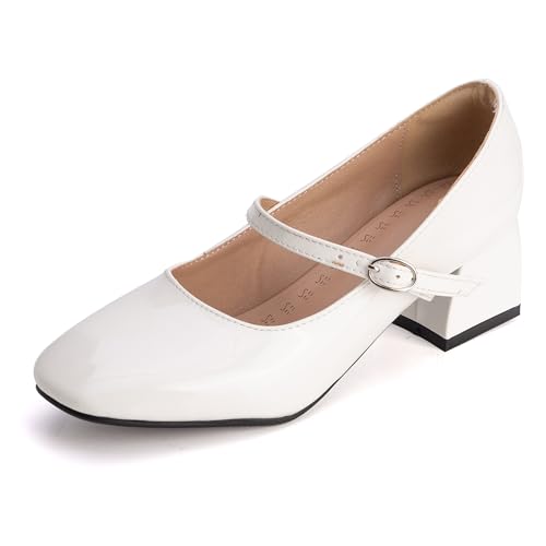 MJIASIAWA Lack Mary Jane Blockabsatz Damen Knöchelriemchen Pumps Hochzeit Square Toe Mädchen Party Schuhe Weiß Gr 36.5 EU/37 Asiatisch von MJIASIAWA