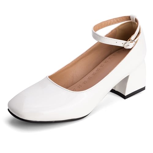 MJIASIAWA Lack Mary Jane Blockabsatz Damen Knöchelriemchen Pumps Hochzeit Square Toe Mädchen Party Schuhe Weiß Gr 36.5 EU/37 Asiatisch von MJIASIAWA