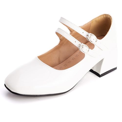 MJIASIAWA Lack Mary Jane Blockabsatz Damen Knöchelriemchen Pumps Hochzeit Square Toe Mädchen Party Schuhe Weiß Gr 38 EU/39 Asiatisch von MJIASIAWA