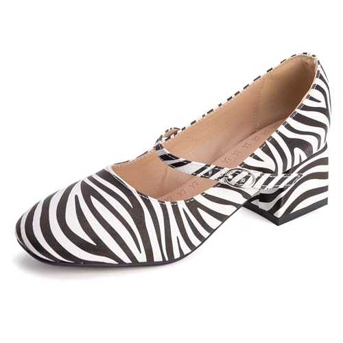 MJIASIAWA Lack Mary Jane Blockabsatz Damen Knöchelriemchen Pumps Hochzeit Square Toe Mädchen Party Schuhe Zebra Gr 33 EU von MJIASIAWA